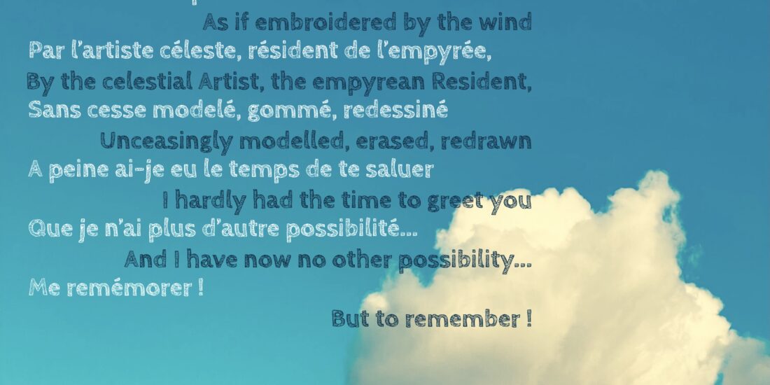 Champignon blanc, comme brodé par le vent, par l'artiste céleste, résident de l'empyrée, sans cesse modelé, gommé, redessiner, A peine ai-je eu le temps de te saluer que je n'ai plus d'autre possibilité... me remémorer!
