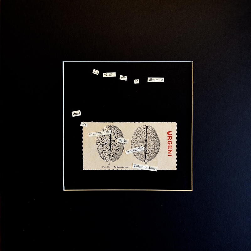 Collage sur fond noir associant fragments de texte, illustration anatomique du cerveau et mots découpés évoquant la vérité et la mémoire.