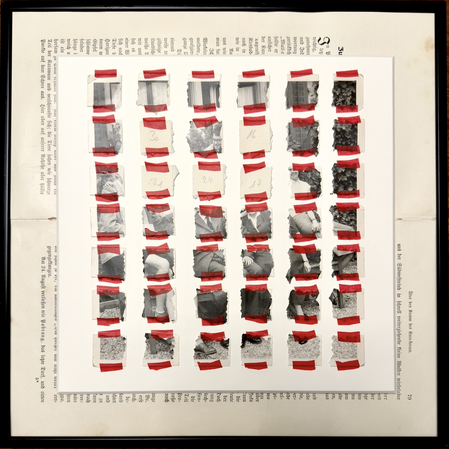 Composition en grille de fragments photographiques en noir et blanc, partiellement masqués par des bandes rouges, disposés sur une page imprimée ancienne.
