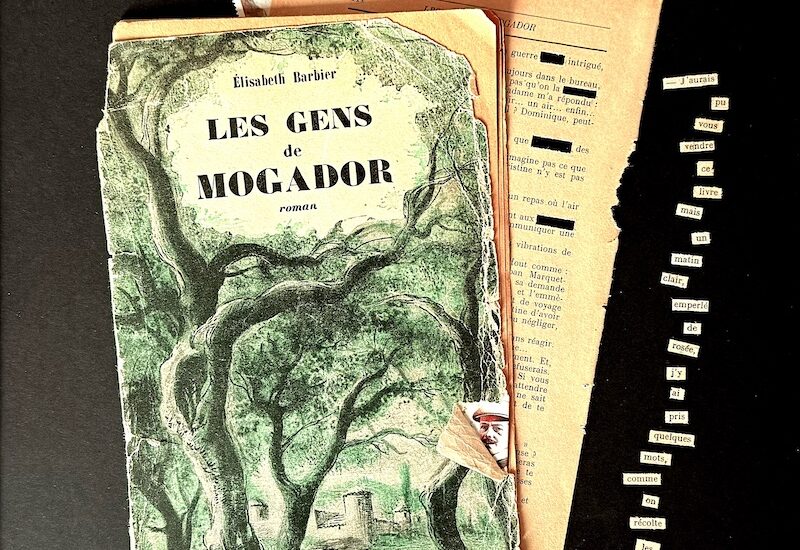 Collage à partir d’un livre ancien, fragments de pages, mots découpés disposés verticalement et deux timbres de la Poste française, évoquant l’échange et le commerce.