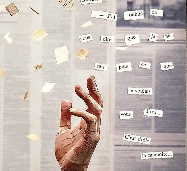 Portrait d’un homme composé de fragments de papier, regard tourné vers des mots découpés flottant dans l’espace, citation de Stendhal sur la mémoire.