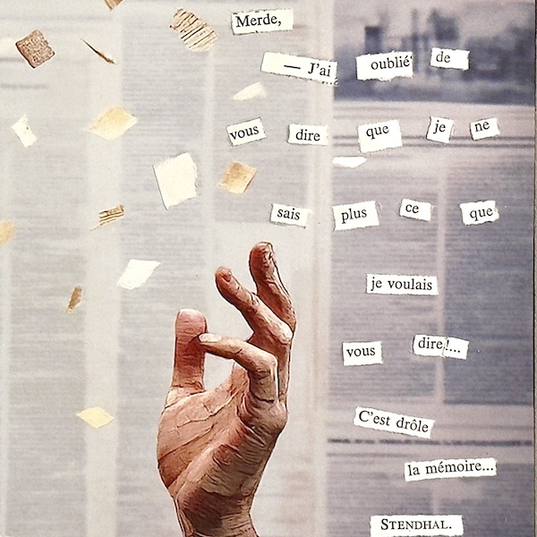 Portrait d’un homme composé de fragments de papier, regard tourné vers des mots découpés flottant dans l’espace, citation de Stendhal sur la mémoire.