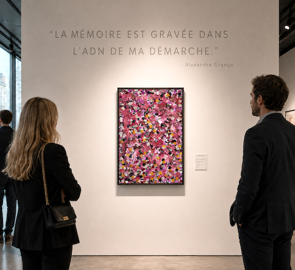 Vue frontale de l’œuvre Memories d’Alexandre Grange accrochée dans une galerie, sous une citation murale consacrée à la mémoire.