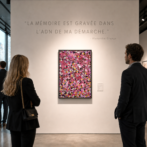 Vue frontale de l’œuvre Memories d’Alexandre Grange accrochée dans une galerie, sous une citation murale consacrée à la mémoire.