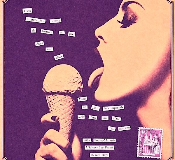 Œuvre Au poil d’Alexandre Grange, collage autour d’une femme tenant une glace, inspiré des Fleurs du Mal de Baudelaire