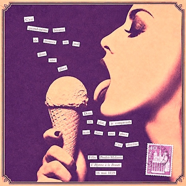 Œuvre Au poil d’Alexandre Grange, collage autour d’une femme tenant une glace, inspiré des Fleurs du Mal de Baudelaire